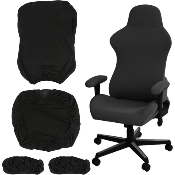 Housse de chaise gaming - DOK - 4 pièces - Noir - Avec accoudoirs - Extensible - Lavable en machine - Antidérapante