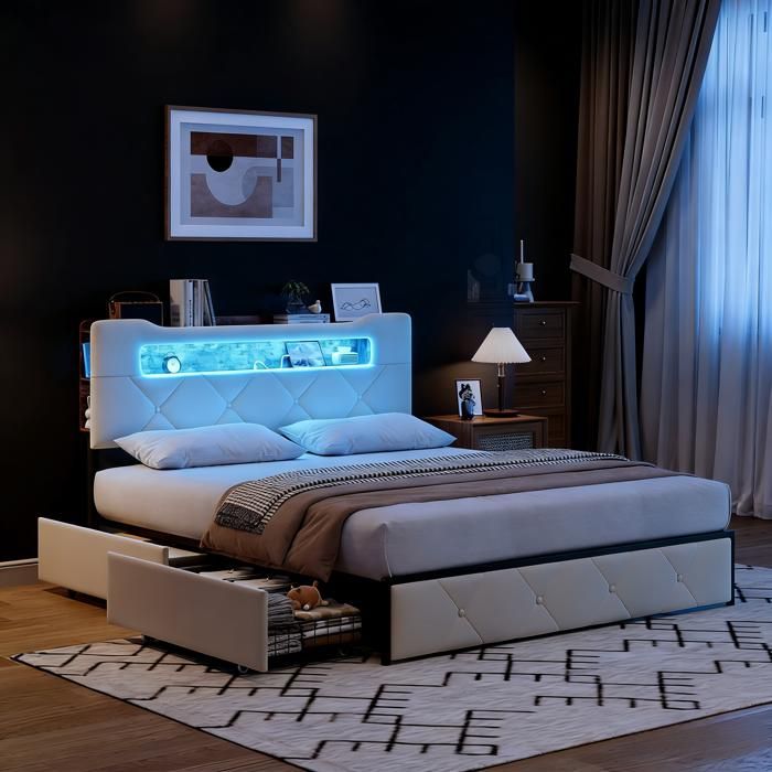 Lit coffre 140x190 cm - SUNFECILI - Beige - Tissu en velours - LED intégrée - Charge USB