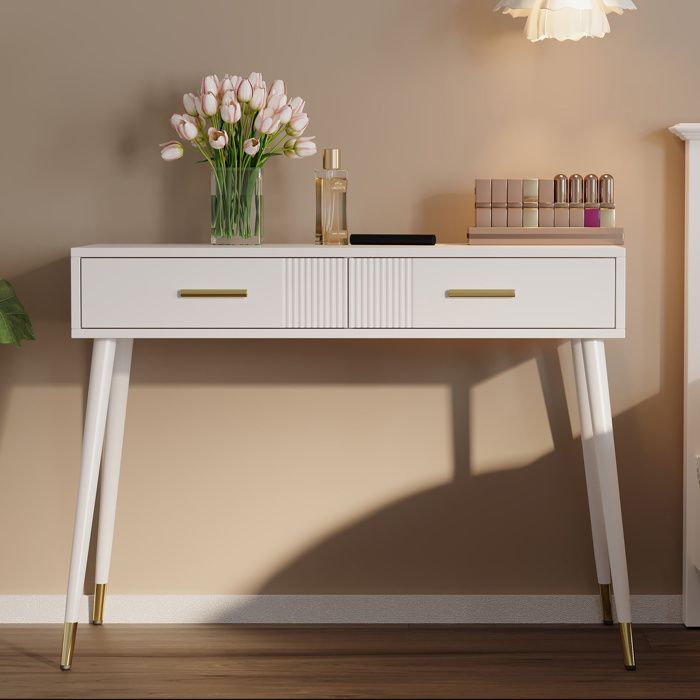 Coiffeuse - Blanc - 100x40x76 cm - 2 tiroirs - Pieds en métal doré - Montage facile