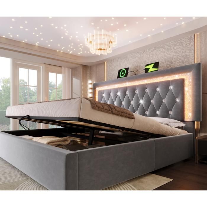 Lit double rembourré en velours - 140x200 cm - Gris - LED intégrée - Charge USB & Type-C