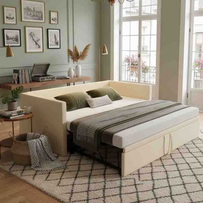 Canapé-lit extensible - Modèle dépliable - Idéal pour salon/chambre - 90/180 x 200 cm - Velours beige