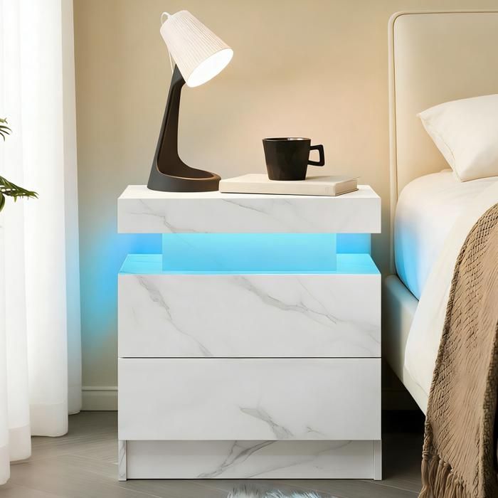 Table de chevet - BELLEMAVE - 2 Tiroirs LED Multicolore Réglable - pour chambre à coucher - blanc mat