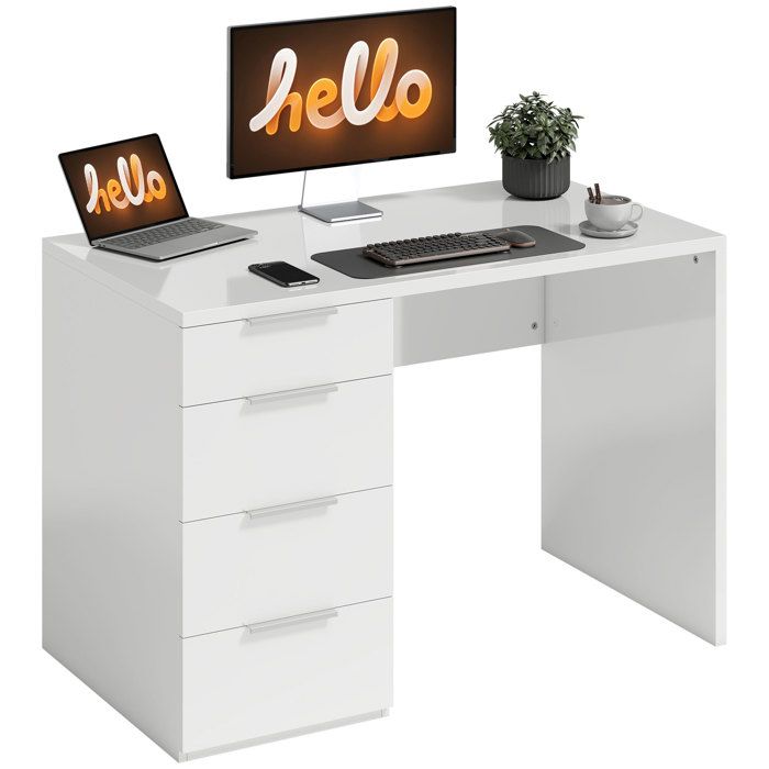 Bureau dordinateur - HOMCOM - 4 tiroirs - haute brillance - style moderne - panneaux de particules - 110 x 60 cm - blanc