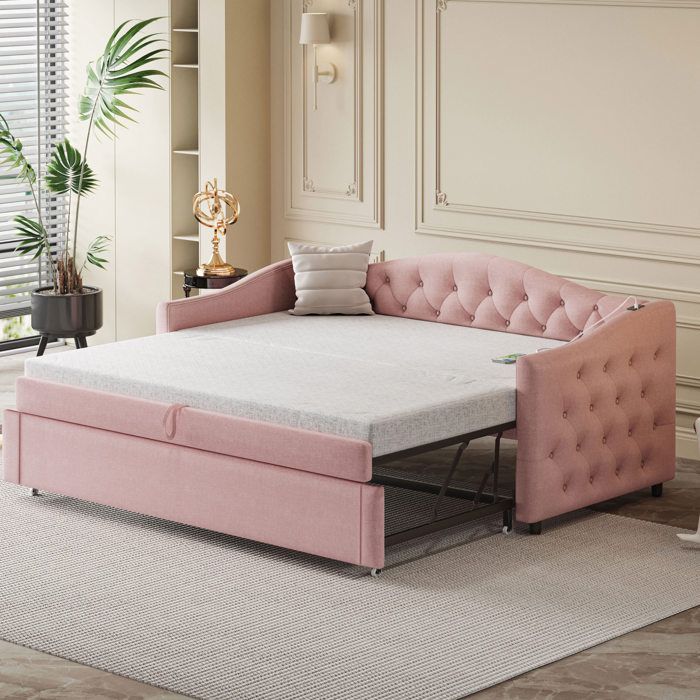 Canapé-lit convertible 90×200 cm en lin rose avec port USB et sommier à lattes