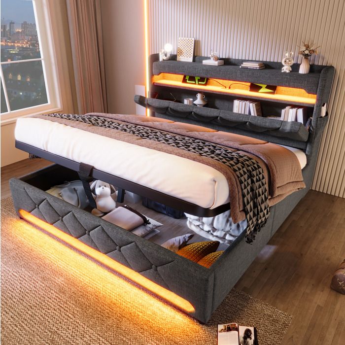 Lit adulte 140x190 cm avec rangement. LED 360° et ports USB/Type-C. sommier à lattes. lin gris