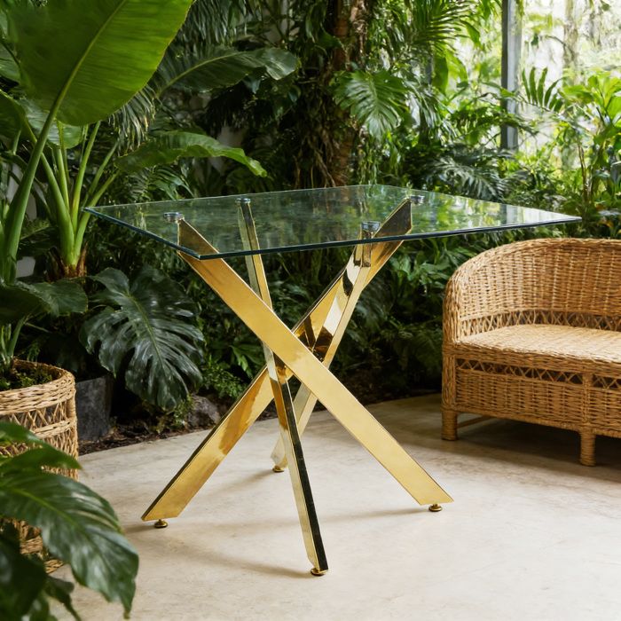 Table à manger 80x80x75 cm avec design carrée surface lisse facile à nettoyer verre et métal doré