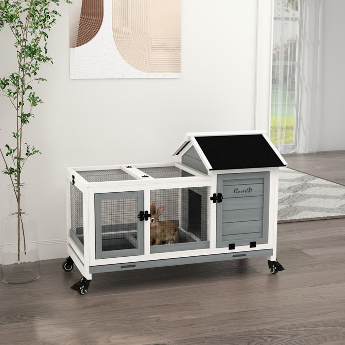 Clapier cage à lapins rongeurs sur roulettes 2 portes verrouillables - dim. 108L x 58l x 735H cm - bois massif