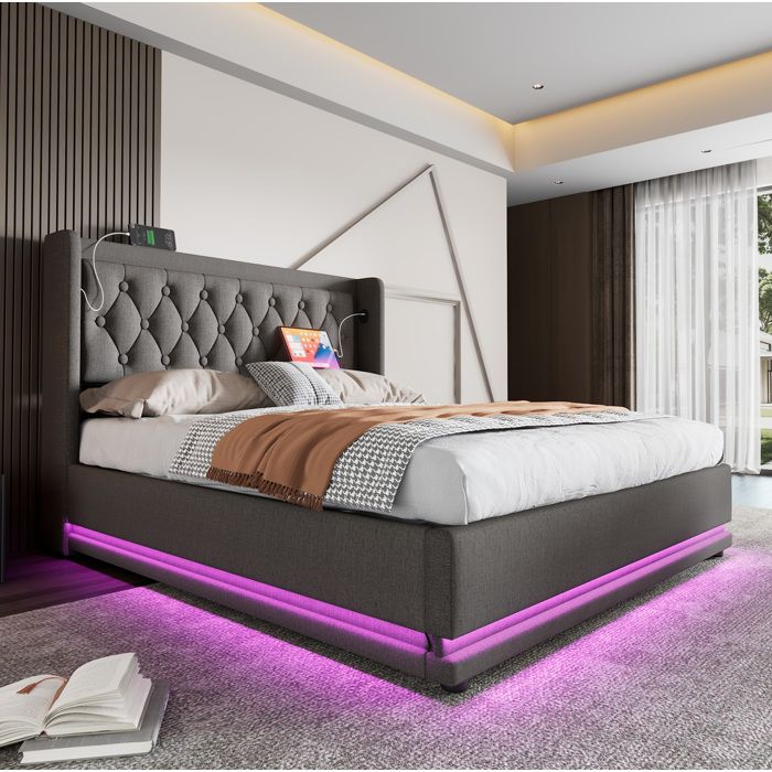 Lit coffre 180 × 200 cm gris en coton avec LED USB et tête de lit capitonnée