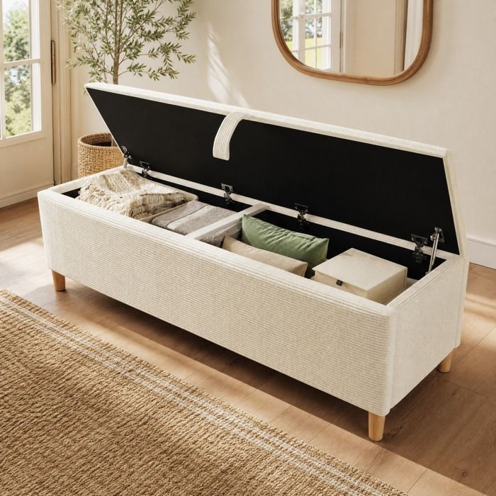 Lit double 180×200 cm avec rangement LED et banc de lit - BEAUNIV - sans matelas cord beige chêne clair