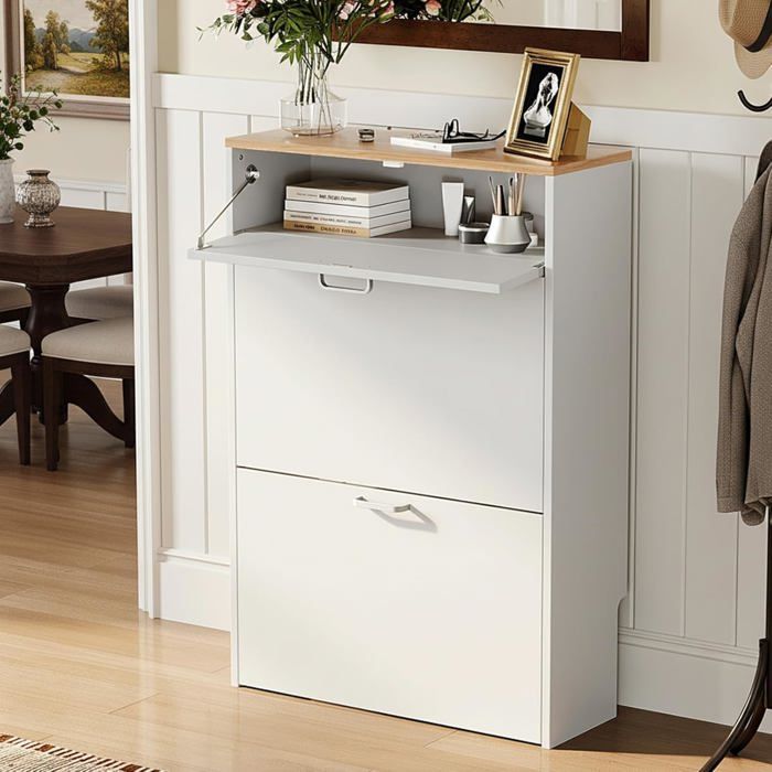 Meuble à Chaussures 2 Portes et tiroir Étroit - ALIGHTUP - avec séparateur réglable pour entrée/couloir 63.5x24x94cm Blanc Meuble à Chaussures 2 Portes et tiroir Étroit - ALIGHTUP - avec séparateur réglable pour entrée/couloir 63.5x24x94cm Blanc
