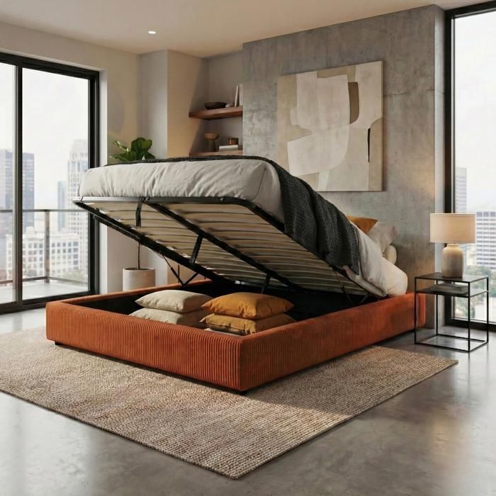 Sommier coffre - SAMPUR - Vegas - 160x200 cm - Velours côtelé Terracotta - Coffre 900 L