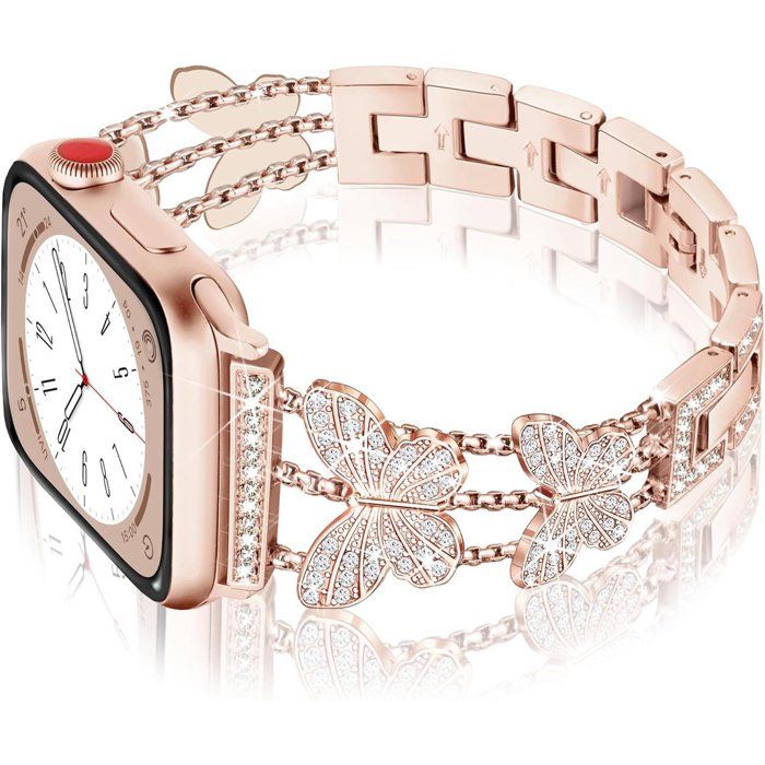 Stravo Bracelet femme bijou luxe compatible Apple Watch 44/45/46/49 mm Série 4-11 SE 1-3 Ultra 1-3 – Papillon – Or rose