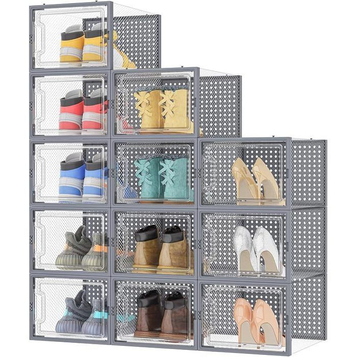 12 pcs Rangement Chaussures Plastique Transparent Boite Rangement Conteneurs pour Organisateur de Chaussures avec Couvercles L gr