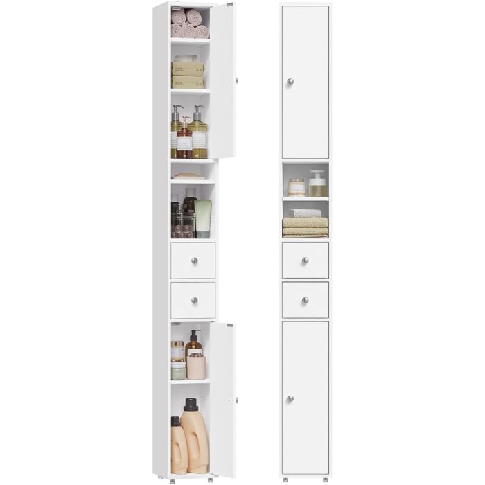 Colonne de Salle de Bains - EUGAD Armoire WC - 2 Tiroirs 2 Portes - 20x20x180cm - Blanc