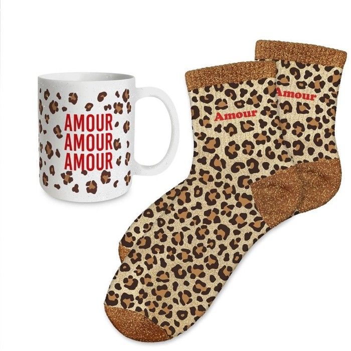 COFFRET MUG CHAUSSETTES PAILLETTES LÉOPARD AMOUR Or / Marron Chocolat