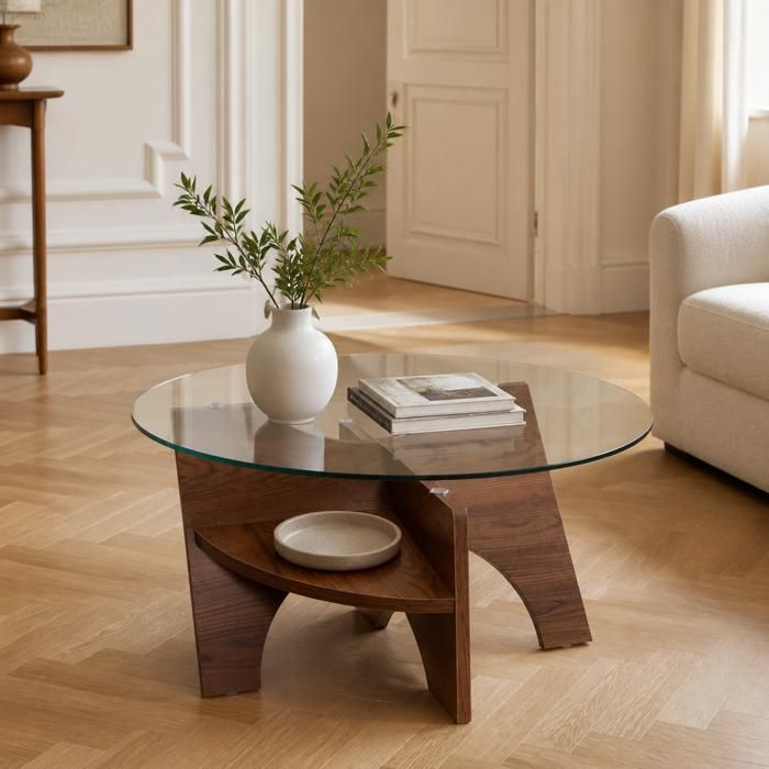 Table basse ovale - Zephmum - verre sécurité 1049x60 cm pieds noyer rangement