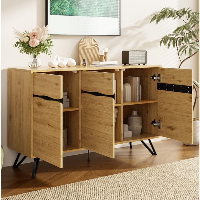 Meuble rangement buffet 140 cm trois portes bois noir pour salon chambre gain de place EVRYAE