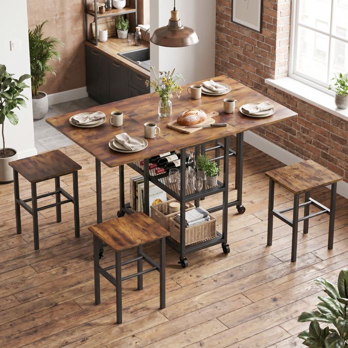 Mondeer ensemble table à manger pliante avec 4 chaisestable cuisine 120 cm petits espaces roulettes verrouillablesmarron rustique