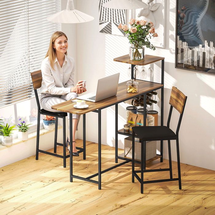 Ensemble table de bar avec côtés rabattables porte-bouteilles et 2 tabourets style industriel marron et noir