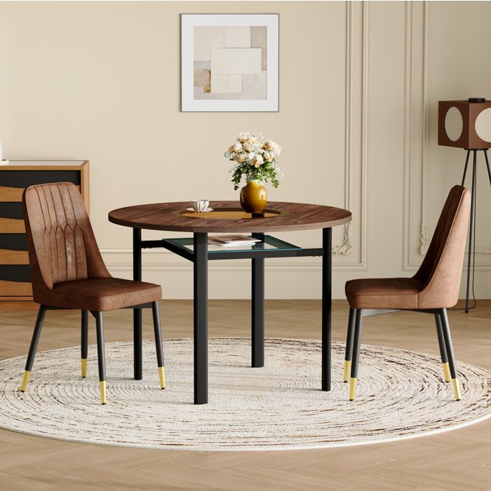 MEULVA Ensemble table à manger ronde 100 cm avec 2 chaises marron plateau aspect bois et verre métal noir