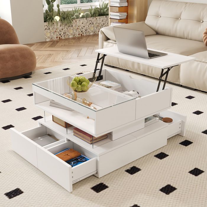 MEUBLIV Table basse relevable 112 5 x 67 cm avec LED 16 couleurs plateau en verre 2 tiroirs blanc