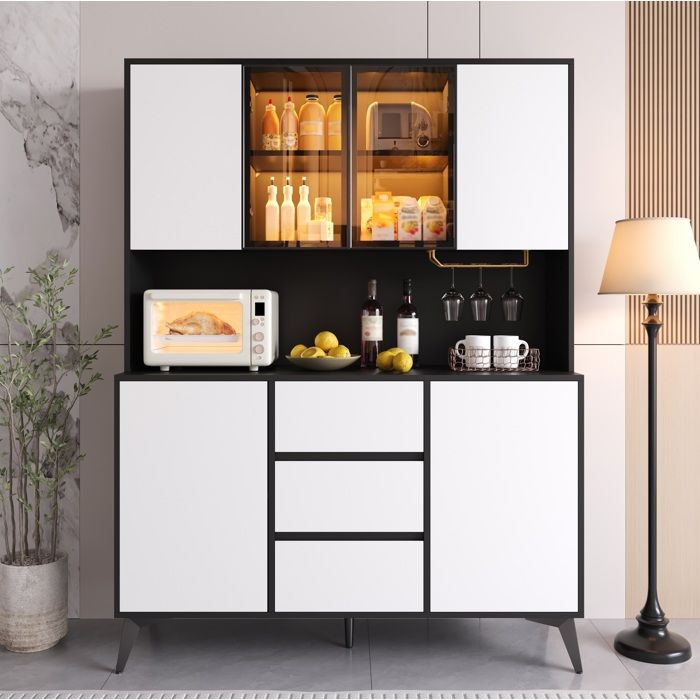 COVREO buffet de cuisine 120 x 40 x 160 cm avec vitrine LED 6 portes 3 tiroirs MDF noir et blanc