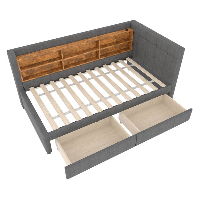 Lit 90 x 200 cm gris avec 2 tiroirs ports USB et Type-C sommier à lattes sans matelas