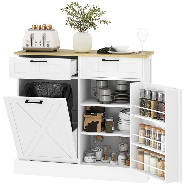 Buffet de cuisine - MINIMAL - 100x36x90 cm - poubelle 38L - 2 tiroirs - porte-épices Buffet de cuisine - MINIMAL - 100x36x90 cm - poubelle 38L - 2 tiroirs - porte-épices