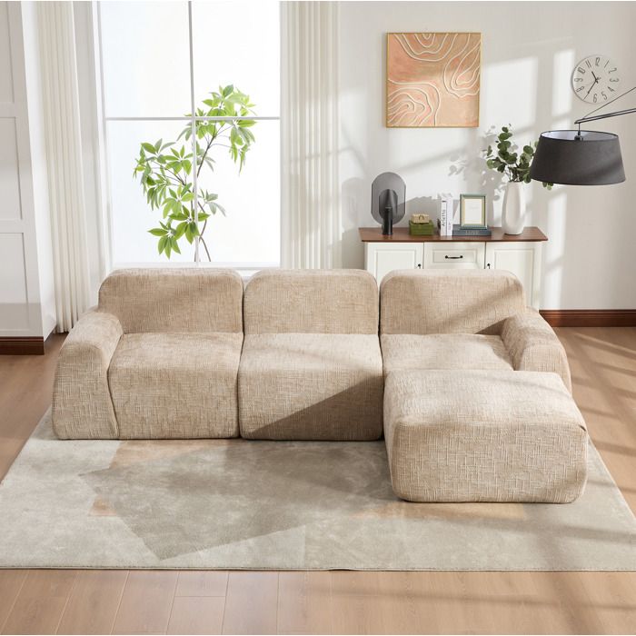 Canapé DAngle 3 Places En Chenille Kaki Clair Canapé Modulable FloraGrace Pour Salon Sans Montage 2695x1825x73cm