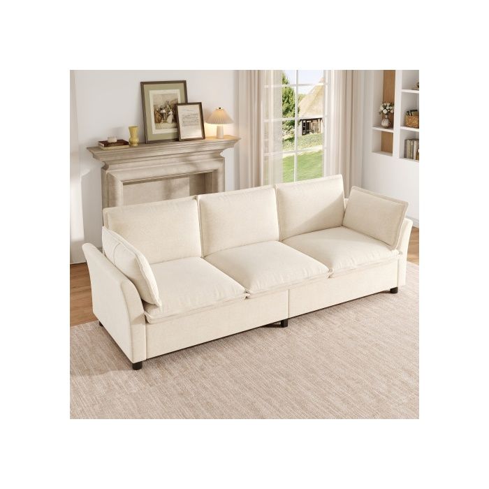 Canapé Droit - SOGEU - Modulable 220x81x87 cm - Tissu chenille - Beige - Mousse haute densité