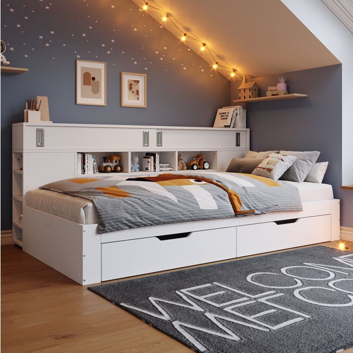 Lit Combiné avec 2 Tiroirs et Étagères Réglables - ELVMI - Rangements Coulissants Sommier Inclus MDF 140 × 200 cm