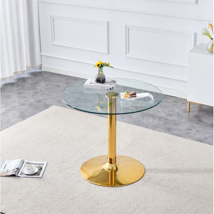 WUVRIE Table ronde en verre trempé transparent 85 cm hauteur 76 cm pied métal doré