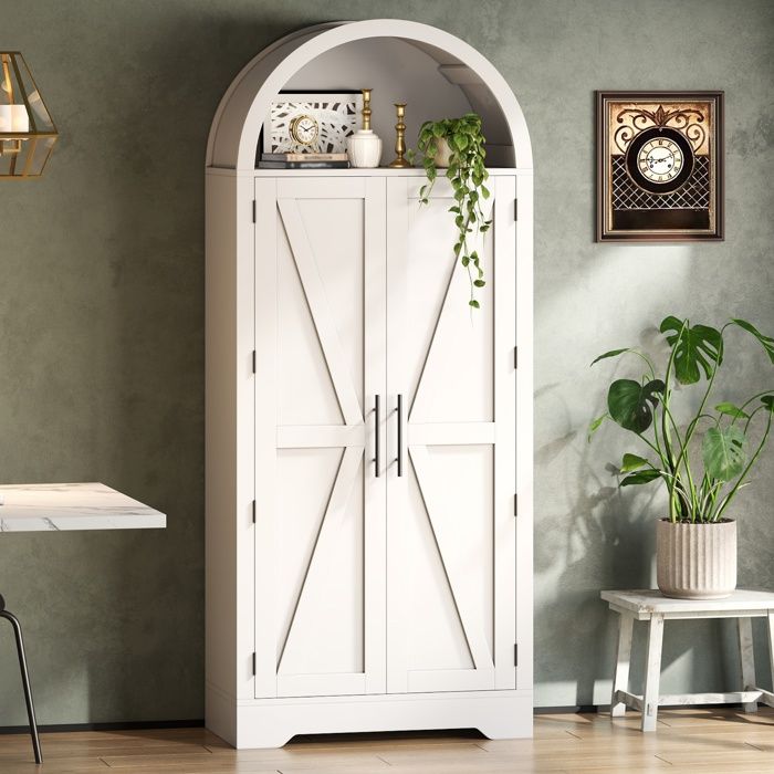 Armoire Haute de Rangement Arquée 70x35x170 cm Niche Ouverte 2 Portes Étagères Réglables Style Campagne MDF - Blanc