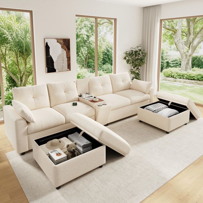 Canapé dangle modulaire en U/L - 6 places - 2 poufs de rangement - Console centrale avec rangement