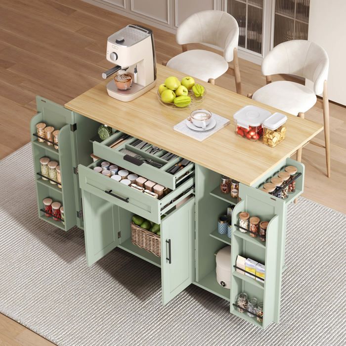 Chariot cuisine vert antique 136x70x92cm plateau rabattable rangements tiroirs étagères mobile et pratique
