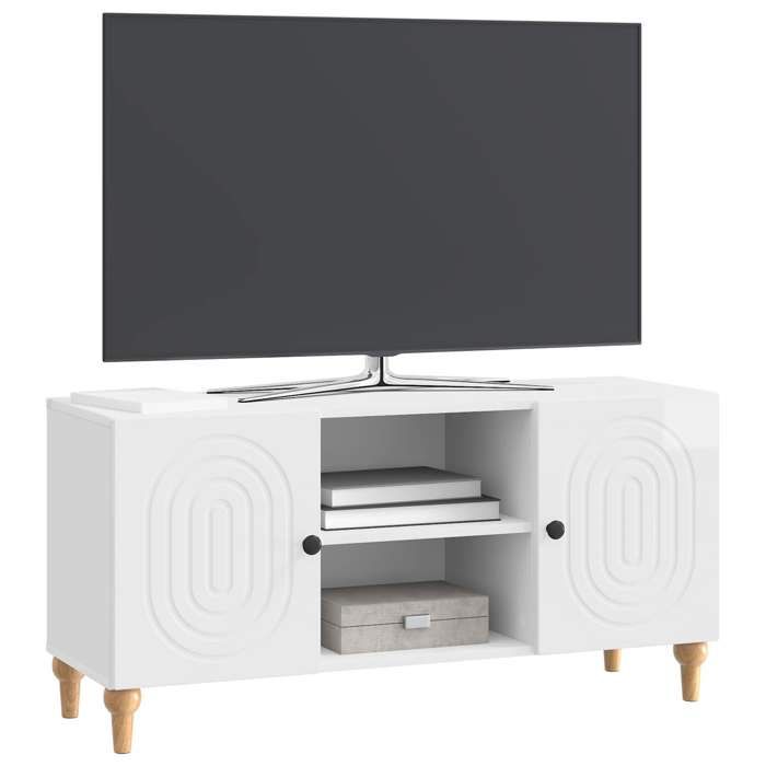 ARMOIRE TV - Meuble TV - Blanc brillant - 102 x 34 5 x 50 cm - Bois dingénierie - Assemblage requis（1568）