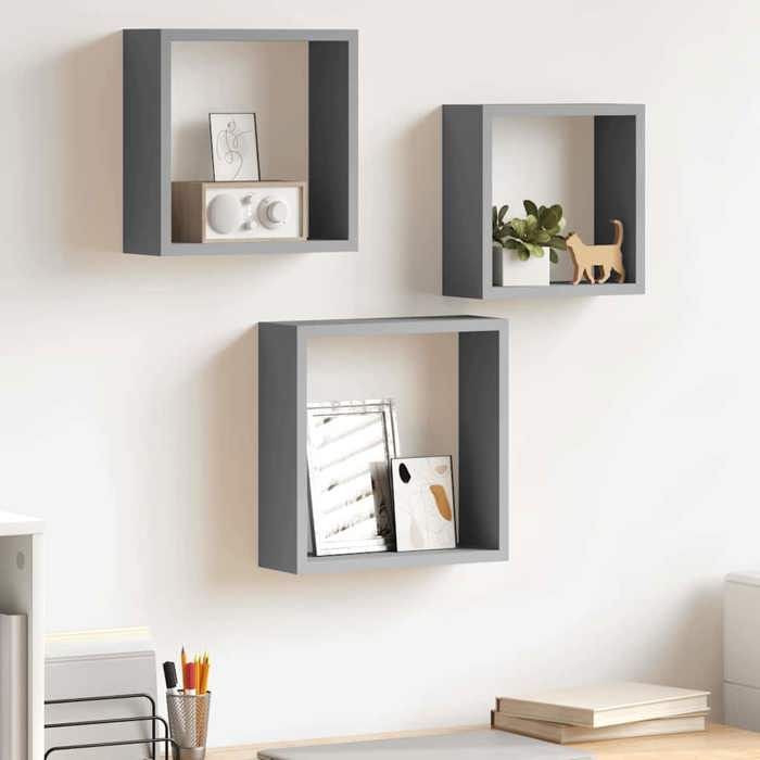 vidaXL Lot de 3 étagères cube murales coloris gris en MDF avec fixation invisible