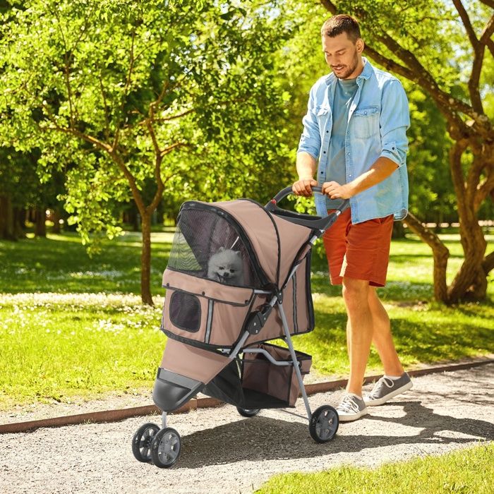 Poussette pliable pour chien et chat porte gobelet panier roues avec frein 75 x 45 x 97 cm marron