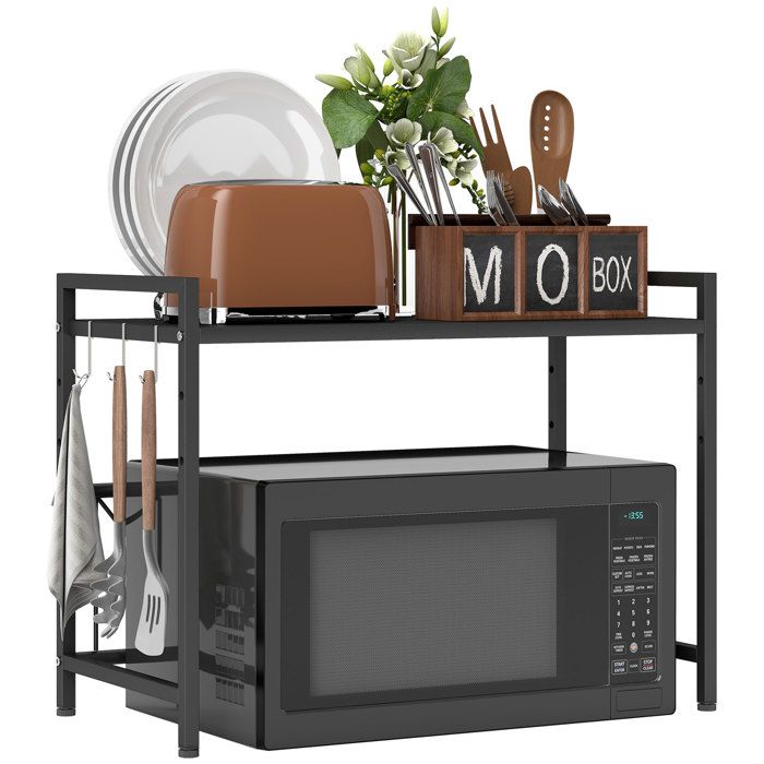 Étagère micro-ondes extensible – Cadre métal avec 3 crochets – pour cuisine et rangement – Noir 395-64 cm