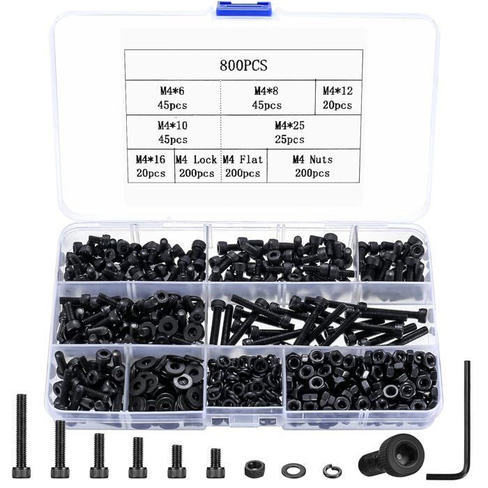 800 Pcs M4 Vis et écrous Vis Boulons et écrous Vis et Boulon et Rondelles Set Visserie Vis à Creuse Tête Hexagonale Assortiment Kit