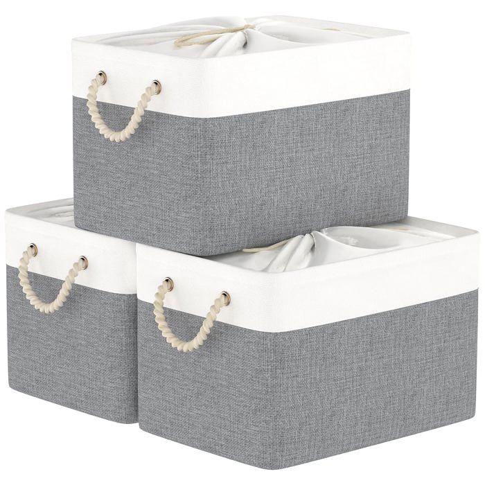 Panier de rangement pliable - Lot de 3 en tissu - Fermeture à cordon - 15 x 11 x 26 cm - Blanc et gris
