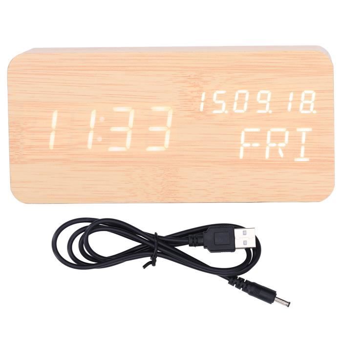 Horloge de bureau numérique en bois avec charge sans fil, lumière LED intelligente moderne, affichage de la température, calendrier, réveil de table, chargeur