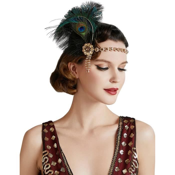 Bandeau années 20 noir avec plumes de paon