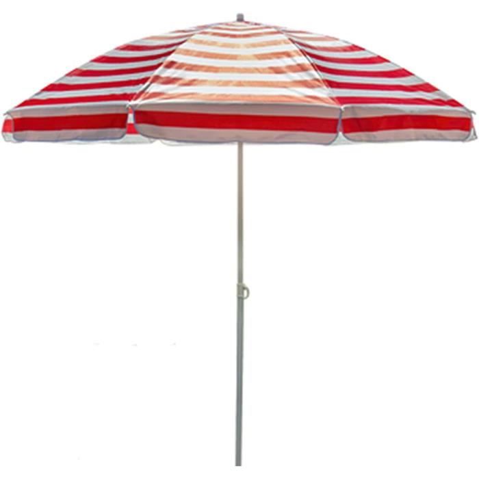 Parasol De Plage Portable Rayé Rouge Et Blanc - Hauteur Réglable, Protection UV - Diamètre 220 Cm (8ft)