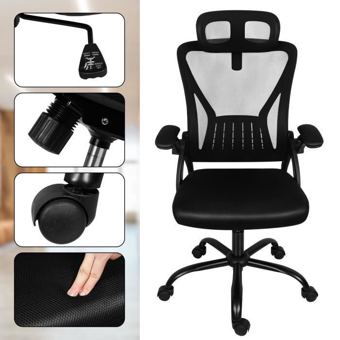 chaise de bureau - youluoss - dossier haut avec appui-tête - accoudoirs - maille noire - pieds en nylon noir