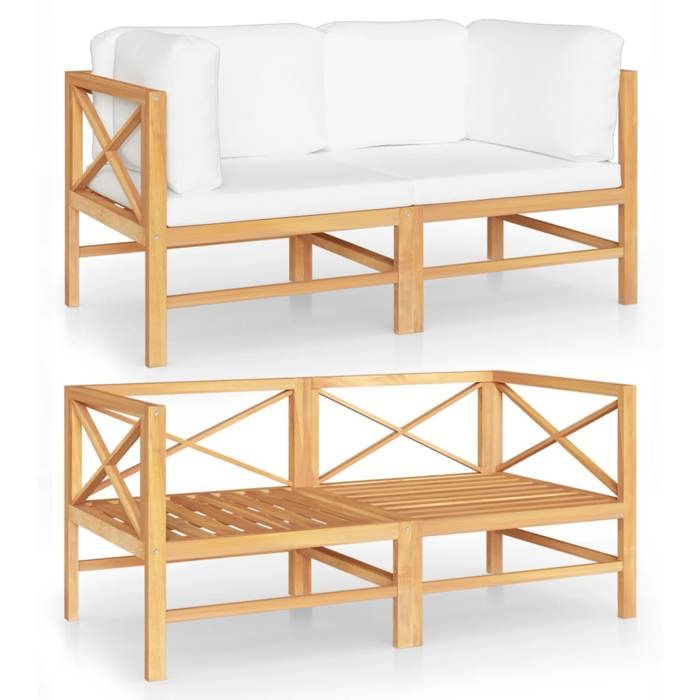 canape de jardin meuble exterieur 2 places avec coussins creme bois de teck