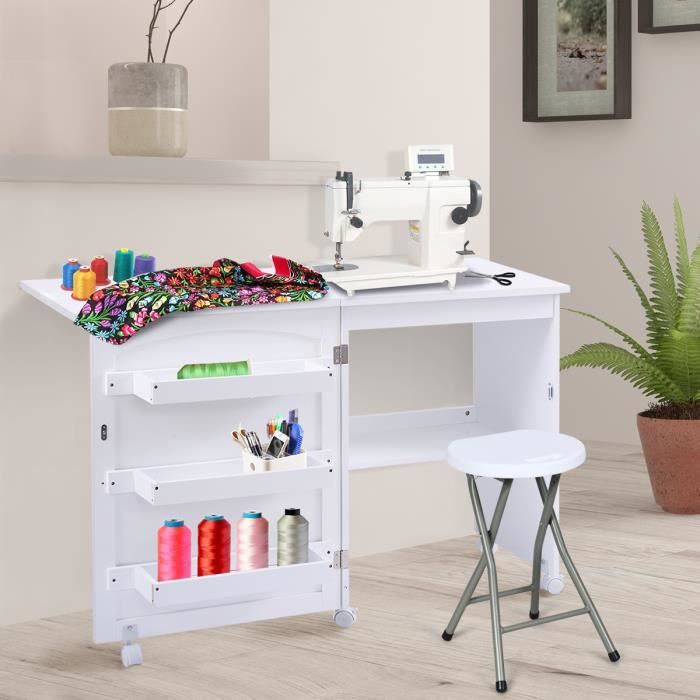 COSTWAY Meuble pour Machine à Coudre Table de Couture Pliante avec 3  Etagères pour Bobines et Roulettes Verrouillables en Bois - Cdiscount Maison