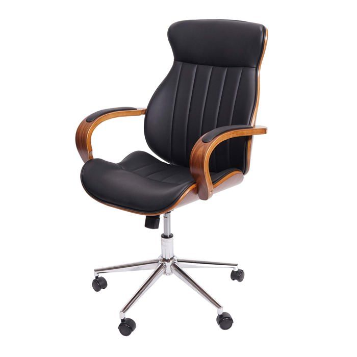 Fauteuil de bureau pivotante en synthetique noir dossier bois aspect noyer rotatif a 360° 04_0001861