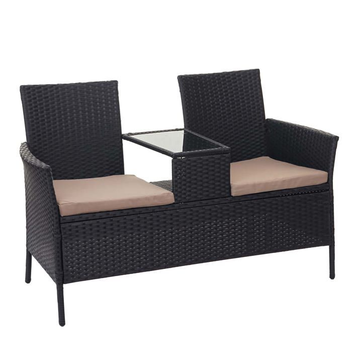 Banc en polyrotin avec table fauteuils chaises de jardin 132cm noir coussin creme 04_0001137