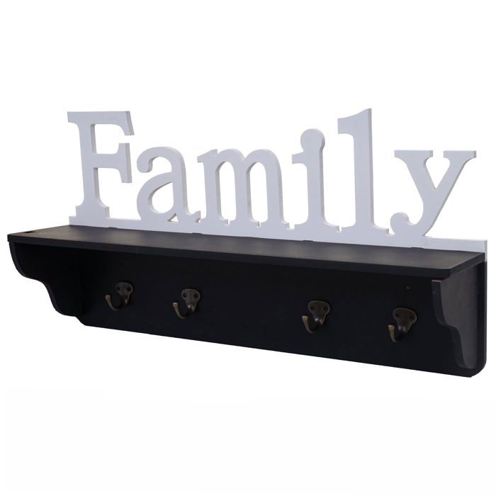 Porte manteau mural Famille etagere avec 4 crochets 30x60x13cm en bois noir / blanc 04_0001016